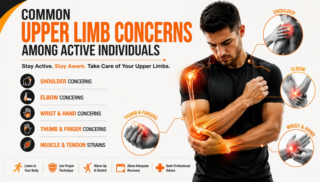 Common upper limb concerns among active individuals showing shoulder, elbow, wrist, hand, and finger discomfort illustration