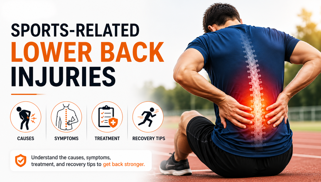 Sports-related lower back injuries showing an athlete with lumbar pain, highlighting causes, symptoms, treatment options, and recovery tips.