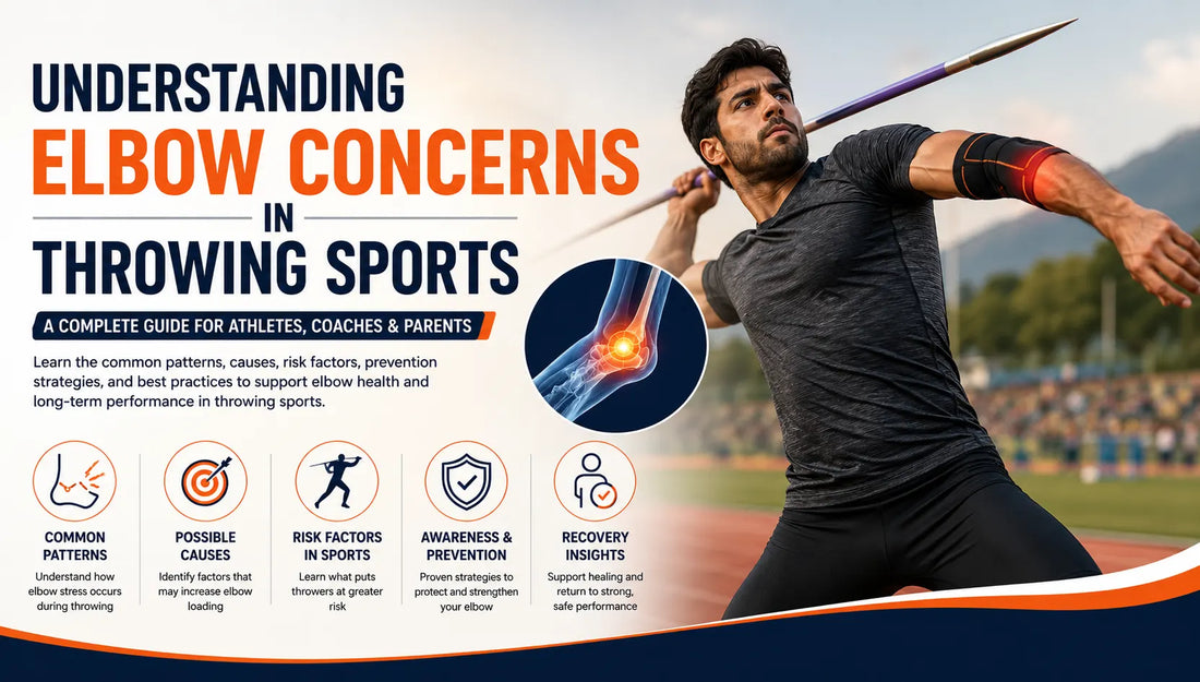 Athlete performing a javelin throw with highlighted elbow pain illustrating elbow biomechanics and concerns in throwing sports.