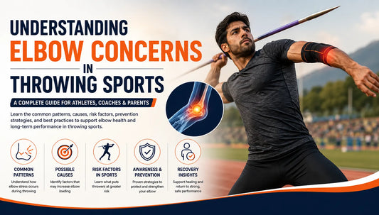 Athlete performing a javelin throw with highlighted elbow pain illustrating elbow biomechanics and concerns in throwing sports.