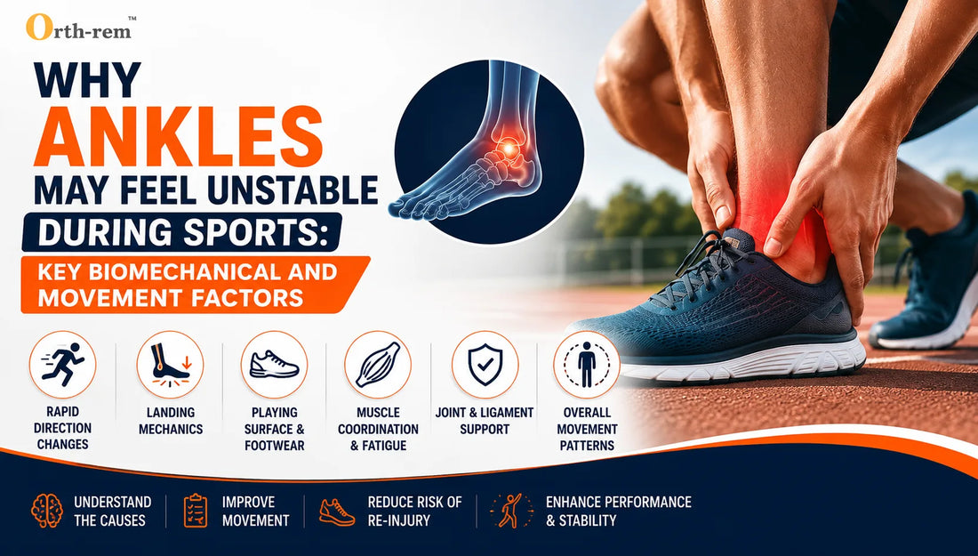 Athlete holding a painful ankle during sports activity, highlighting biomechanical factors, movement patterns, muscle coordination, and ankle stability.
