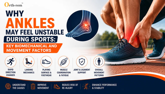 Athlete holding a painful ankle during sports activity, highlighting biomechanical factors, movement patterns, muscle coordination, and ankle stability.