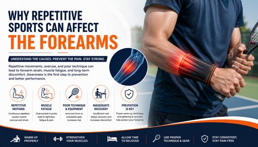Athlete with highlighted forearm strain from repetitive sports activities, illustrating muscle overuse, forearm stress, and repetitive motion injuries.