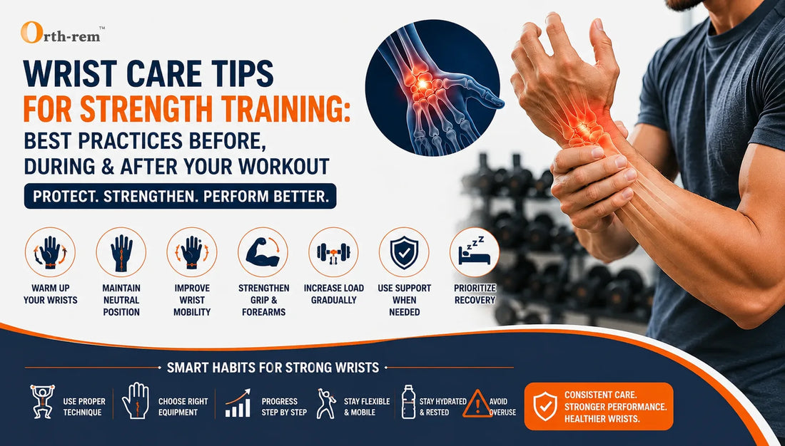 Wrist care tips for strength training showing warm-up exercises, neutral wrist position, grip strengthening, wrist mobility, gradual load progression, and recovery practices.