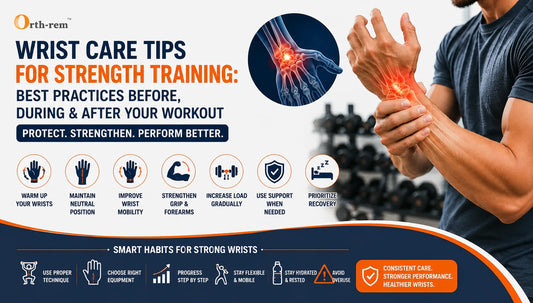 Wrist care tips for strength training showing warm-up exercises, neutral wrist position, grip strengthening, wrist mobility, gradual load progression, and recovery practices.