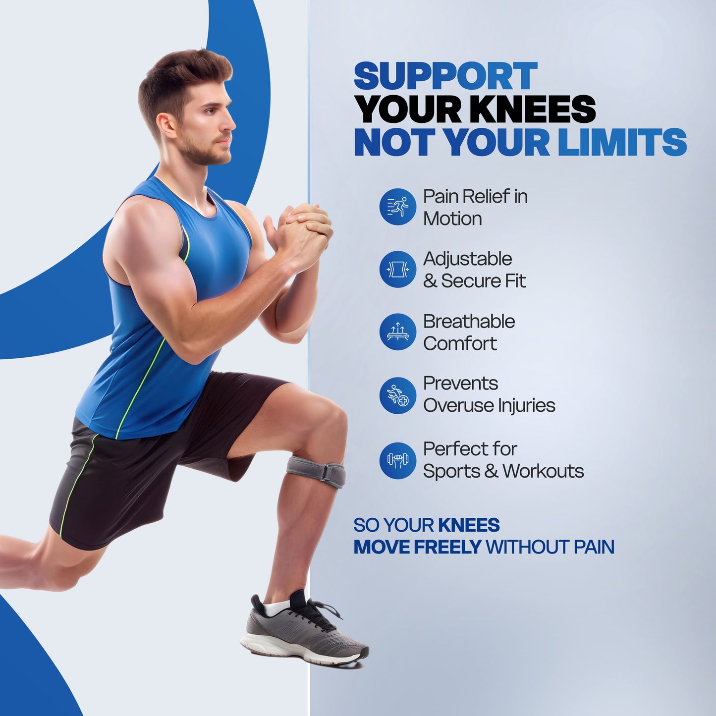 Man exercising with knee support strap.