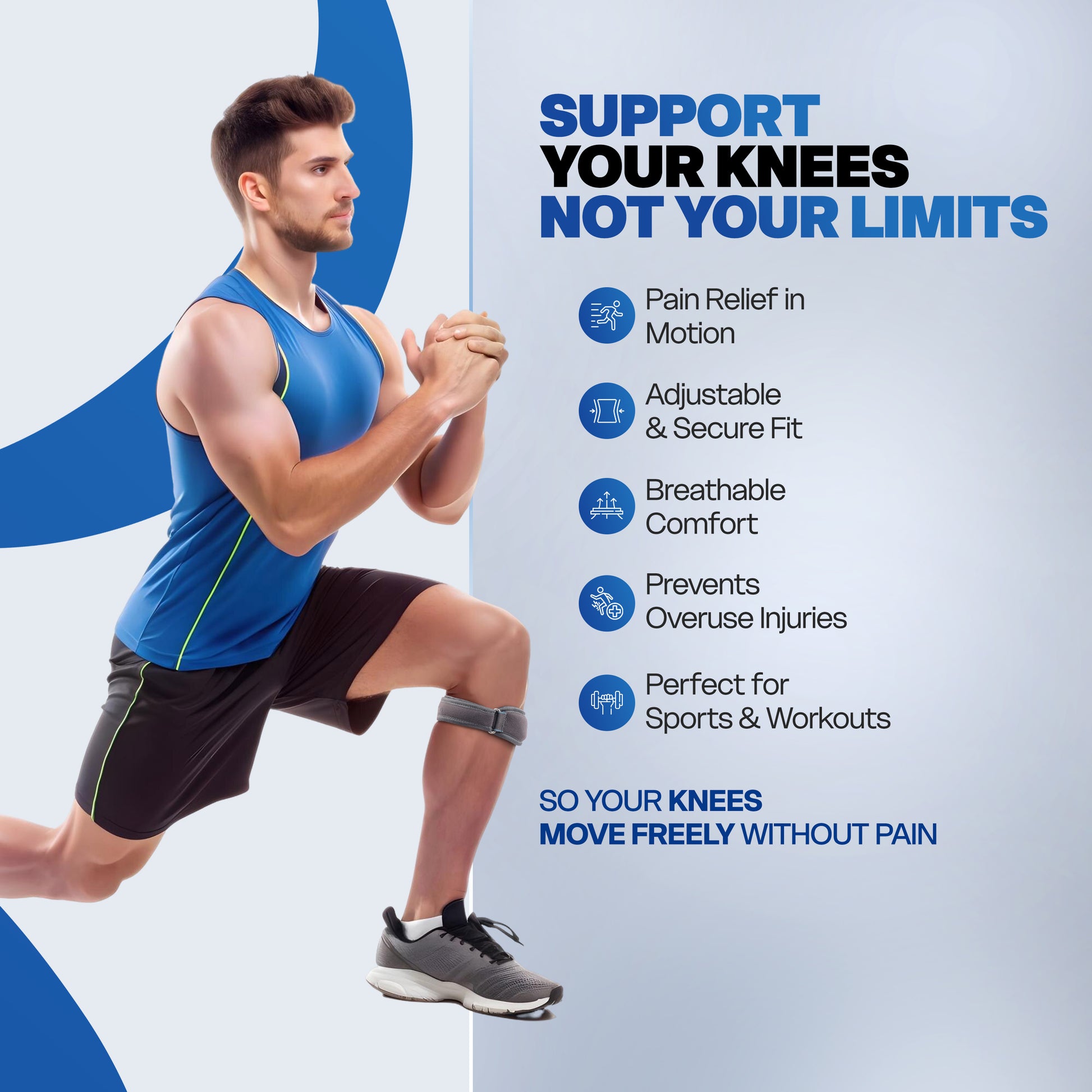 Man exercising with knee support strap.