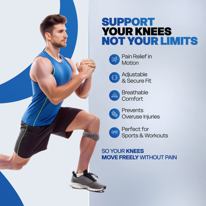 Man exercising with knee support strap.