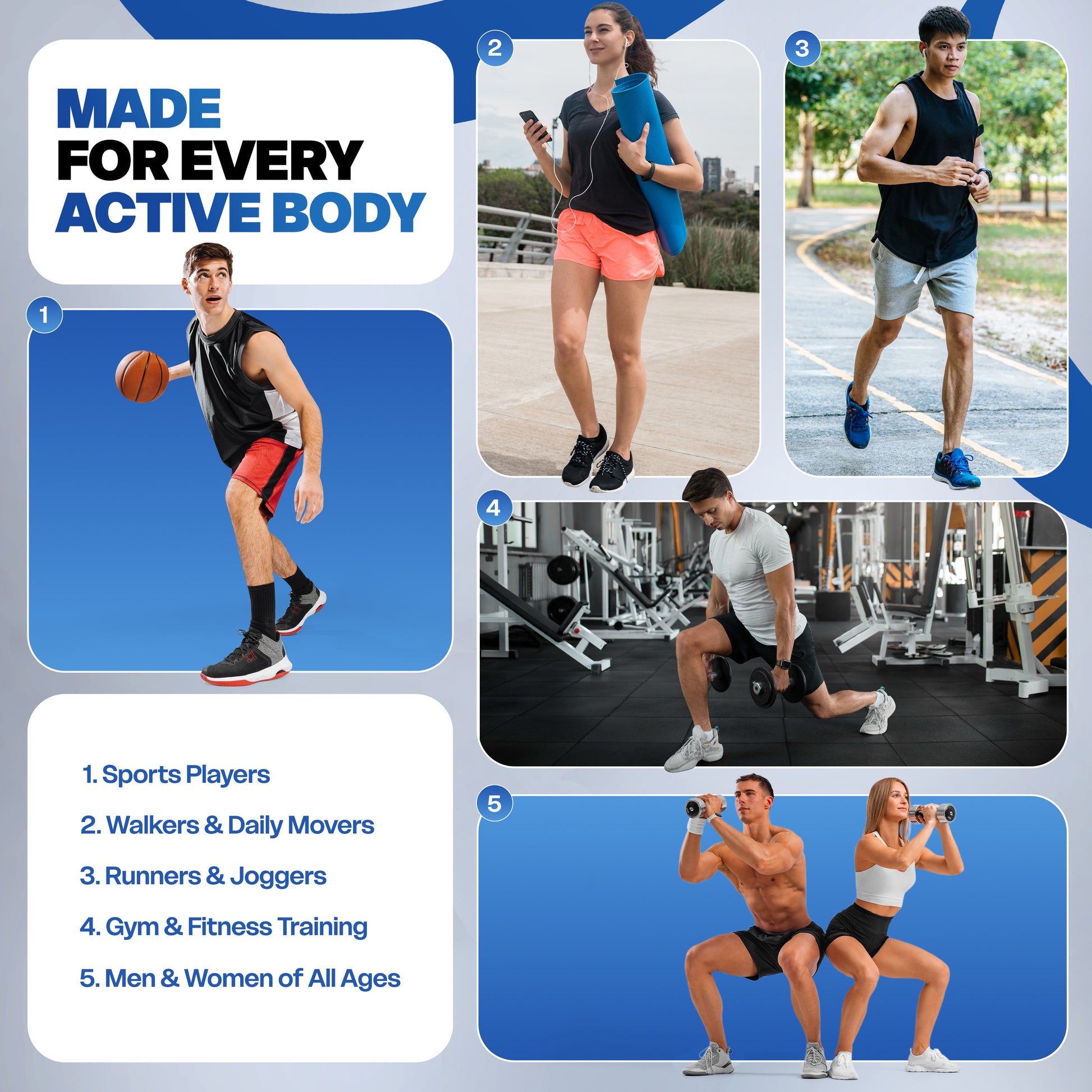 Active men and women walking, running, and working out.