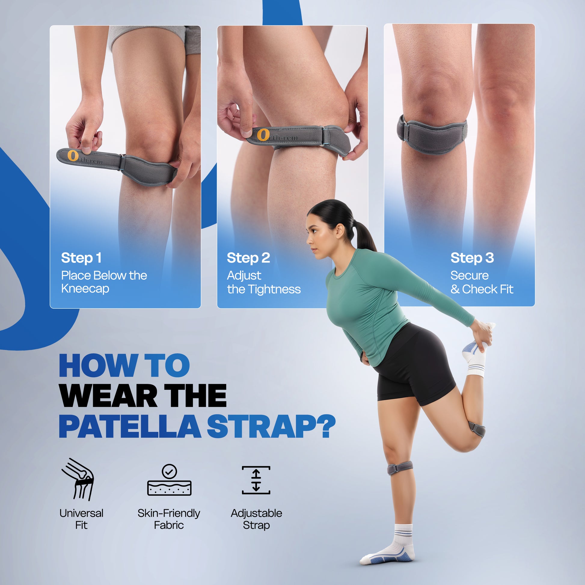 Adjustable patella stabilizer strap for knee support.